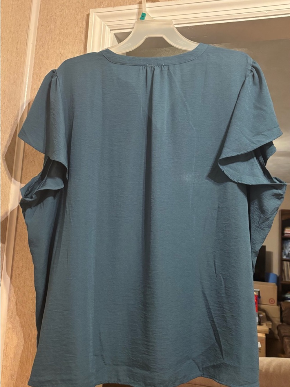Maurices Teal Ruffle Sleeve V-Neck Blouse Plus Size - Picture 3 of 4